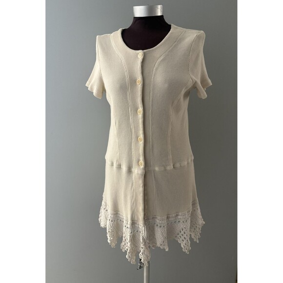 Flax Dress Womens Medium Crochet Lace Hem Button Waffle Weave Henley Boho Y2K - Picture 1 of 16